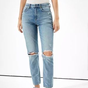 AE Distressed High Rise Mom Jeans